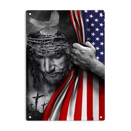 God Jesus Christian American Flag Sign Metal Tin Signs, Jesus Poster for Home Office Restaurants Cafes Bars Pub Man Cave Wall Decor Plaque Sign 12x8 Inch