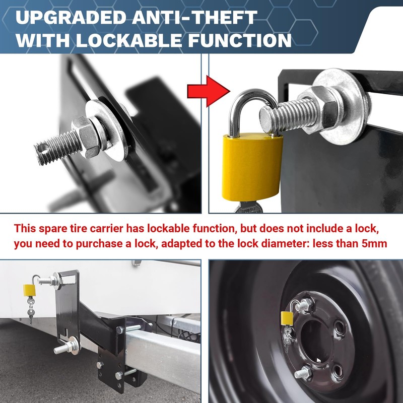 ROBLOCK Lockable Spare Tire Carrier Bracket for Utility Trailer, Powder