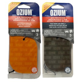 Ozium Paper Hanging Car Air Freshener with Odor Eliminator for Car - Refresh Your Ride with Automotive Air Fresheners, 3 Pieces (Caribbean Breeze + That New Car Smell, 2 Packs Combo Kit)