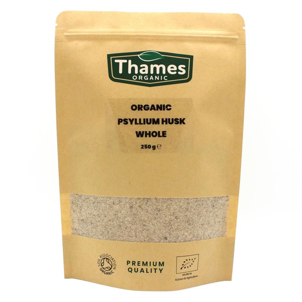 Organic Psyllium Husk Whole - High Protein, High Fibre, Raw, Vegan, GMO-Free - No Additives or Preservatives, Certified Organic - Nutritious, Versatile - Resealable Pouch - Thames Organic 250g