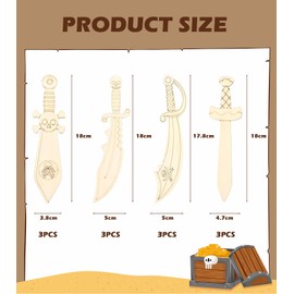 TAKONE Wooden Swords for Painting, 12-Piece DIY Set Made of Wood with Coloured Pens for Children's Birthday or Pirate Theme
