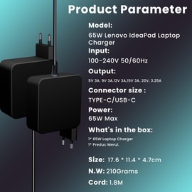 Wandladegerät mit Netzteil USB Typ C 65W für Dell Lenovo Acer HP Asus ZenBook 14 UM425 UM425IA, Lenovo Thinkpad T480 T480S T490, DELL Latitude 12 7275 13 737 0