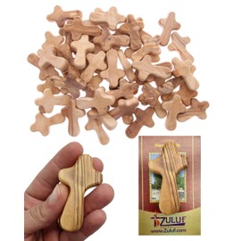 Zuluf 50 Small Olive Wood Hand Crosses Bethlehem Factory | Wooden Meditation Handheld Olive Wood Crosses From Bethlehem Israel | 6cm / 2.5 Inch Each Cross & 50 Holy Land Card Certificates CRS098