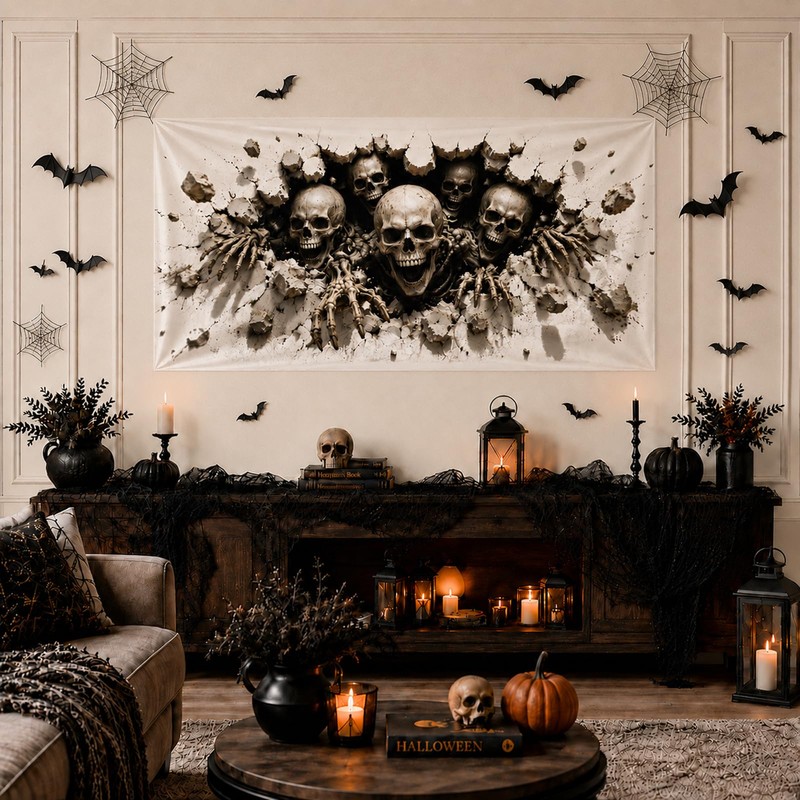 Halloween Decorations Outdoor, Plastic Backdrop 65" x 32.7", Skull Halloween