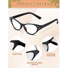 Dunzy 10 Pairs Cat Eye Rhinestone Glasses Retro 50s 60s Old Lady Glasses Carnival Sock Hop Party Decorations (Black)