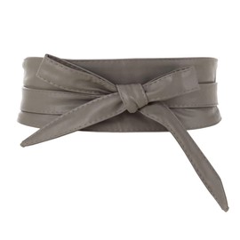 Aecibzo Women's PU Leather Self Tie Wrap Around Obi Waist Band Cinch Boho Belt (Gray, Fit waist 22”-34.5”)