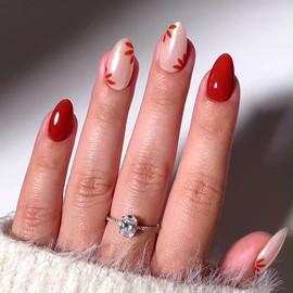 30Pcs Red Press on Nails Short Almond - WLGDLH Fake Nails Nude White False Nails with Red Small Flowers Design Acrylic Nails Full Cover Glue on Nails Glossy Stick on Nails for Women