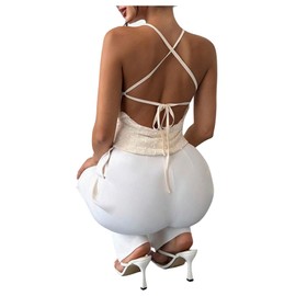 SweatyRocks Women's Cowl Neck Backless Spaghetti Strap Top Trendy Tie Back Party Sleeveless Cami Apricot L