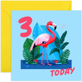 Old English Co. Milestone Child Cards Age 3 - Third Birthday Card For Boy or Girl - Jungle Animal Flamingo - Kids Birthday Card Three Years Old - Niece, Nephew, Grandson, Granddaughter