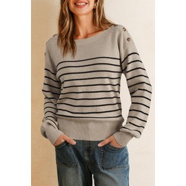 Arach&Cloz Women's Wool Blend Striped Boat Neck Button Fall Dressy Casual Tops Business Casual Dressy Teacher Fashion Outfits Winter Clothes Clothing Trendy Long Sleeve Sweaters 2025 Khaki Black S