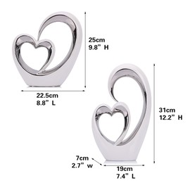 LCCCK Porcelain Double Heart Decor,White and Silver Sculpture Home Decor for Living Room Entryway Coffee Dining Table Shelves, Wedding Anniversary, Valentine's Gift for Couples & Lovers Modern