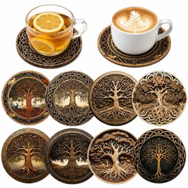 8PCS Wooden Coasters, Coaster Set with Tree Design for Home