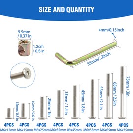 Socell 61pcs Crib Bunk Bed Furniture Hardware Replacement Kit, Stainless Steel Hex Drive Socket Cap Furniture Barrel Screws Bolt Nuts Assortment Kit for Crib Screws with 1 Wrenches(M6x12mm-75mm)