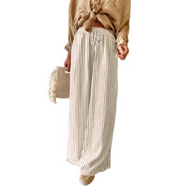 Acelitt Women Casual Striped Loose Wide Leg Pants Drawstring Elastic High Waisted 2025 Fall Fashion Relaxed Fit Beach Pants Trousers Khaki Large