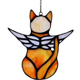HOUSEEN Angel Cat Memorial Ornaments, Stained Glass Window Hanging Decorations for Cat Lovers, Angel Wings Cat Suncatcher Decor, Pet Memorial Sympathy Statue (Orange)