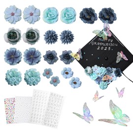 Heliltd Graduation Cap DIY Decorations Set Include 20pcs Blue Faux Flowers for Graduation Cap 12pcs Laser Butterfly Colorful Rhinestones Stickers Letter and Number Stickers for Graduation Hat Handmade