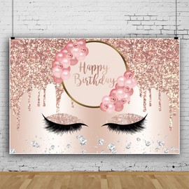 Mestiker 7x5ft Rose Gold Happy Birthday Banner Backdrop Pink Cream Nice Eyelashes Happy Birthday Backdrop for Women Pink 40th 50th Background Photo Booth Decor