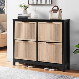 HUSHEDIFY 4 Flip Drawers Shoe Cabinet Storage for Entryway, Narrow Hidden Wood Shoes Organizer Cabinet Front Door Entrance Thin Free Standing Front Door Shoe Rack Storage for Entryway(Oak&Black)