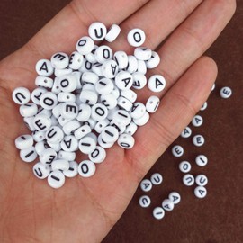 Amaney 300 Pieces 7×4mm White Round Acrylic Black Alphabet Vowel Letter Beads A E I O U Each 60 Pieces for Jewelry Making Bracelets Necklaces Key Chains