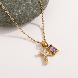 Cross & Birthstone Necklace for Women – Dainty 18k Gold Plated Zircon Cross February Amethyst Birthstone Pendant, Trendy Purple February Birthstones Christian Jewelry Gift for Birthday, Christmas, Mother's Day