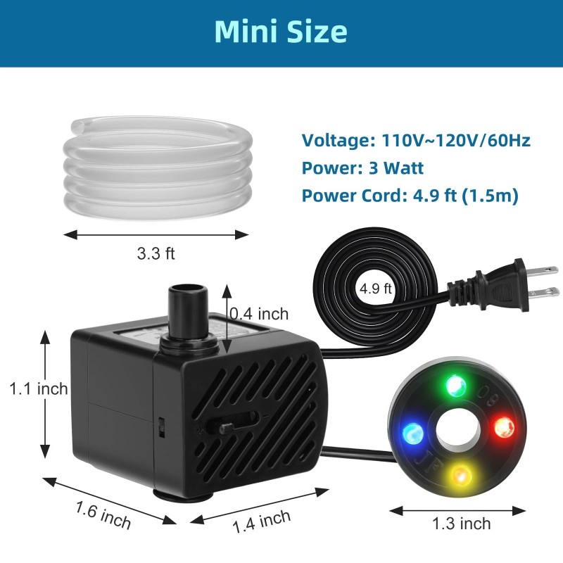 Datoo Mini Submersible Fountain Water Pump With LED Light 50GPH