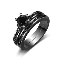 Tobestu Womens Black Wedding Rings Set Round CZ Stone Vintage 2pcs Engagement Ring Bridal Set Channel-Setting (size 7)