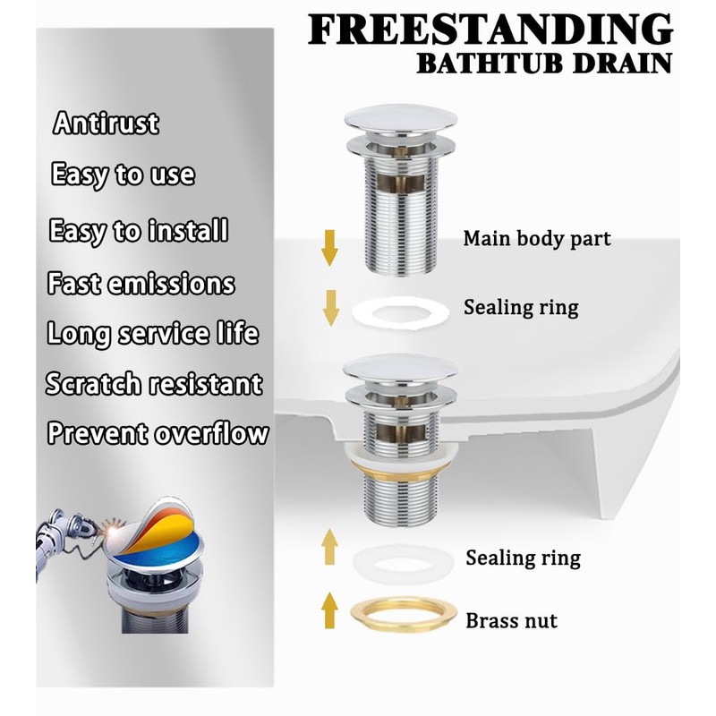 Brass Freestanding Tub Drain, Pop Up Freestanding Tub Drain Plug,