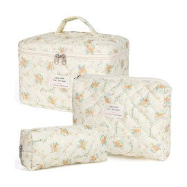 3 Piece Cosmetic Bag Women Make Up Bag, Women's Travel Bags Set, Quilted Toilet Bag with Floral Pattern, Cosmetic Bag with Handle for Girls, yellow, Modern floral pattern