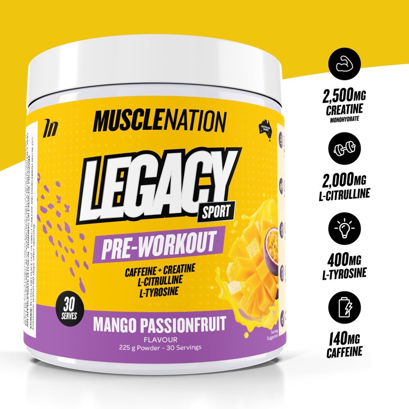 Muscle Nation Pre-Workout Mango Passionfruit Legacy Sport 225g (30 Serves)