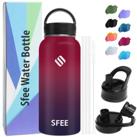Sfee Insulated Water Bottle, 32 oz Stainless Steel Water Bottle with Straws&3 Lids, Wide Mouth Double Wall Vacuum Metal Water Bottle Leak-Proof BPA Free Sports Water Bottle+ Cleaning Brush (DRed)