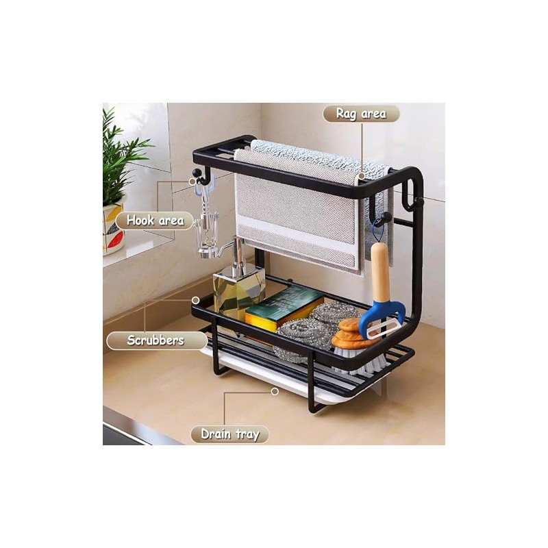 Sponge Holder Sink with Drip Tray and Hook, Multifunctional Sink