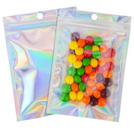 100 Pcs 4×6 Inch Resealable Smell Proof Bags Mylar Ziplock Bag Cute Packaging Sealed Aluminum Foil Pouch Medium Plastic Baggies Colored Clear Front Zip Lock for Lip Gloss Gummy, Holographic