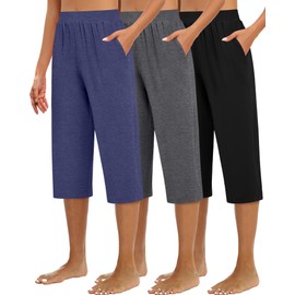 Huukeay 3 Pack Women's Capri Sweatpants, Cozy Wide Legs Cropped Capri with Pockets, Lounge Jogger Pants Workout Yoga Solid(Black, Heather Gray, Dark Blue,Large)
