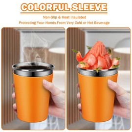 Rommeka - Copas para niños con pajitas, tazas apilables de 12 onzas con 5 fundas de silicona coloridas para bebidas calientes y frías, tazas de acero inoxidable irrompibles con tapas y pajitas para adultos y niños