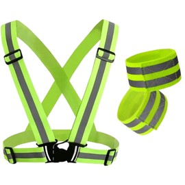 YSDINK Reflective Safety Set:Adjustable High Visibility Elastic Vest with 2 High Luminance Dual-Stripe Armbands for Night Running,Cycling,Jogging,Walking-Suitable for Men, Women, Kids (Green)