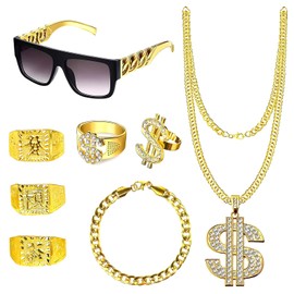 8 Pcs Hip Hop Costume Kit, 80s 90s Disco Costume Outfit Gold Digger Fancy Dress, Dollar Sign & Kanji Ring, Necklace, Punk Sunglasses, Fake Gold Chain Bracelet, Rock Star Rapper Accessories