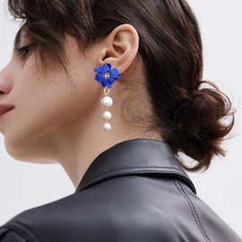 Vavhoo Long Floral Pearl Tassel Earrings for Women Boho Drop Dangle Earrings with 3 Pearls Vintage Bridal Party Jewelry (Blue)