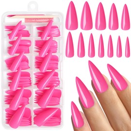 Bellelfin 120Pcs Stiletto Press on Nails, Hot Pink Stiletto Fake Nails Glossy Long Acrylic Nails Press ons Solid Color Full Cover False Nails for Women Girls