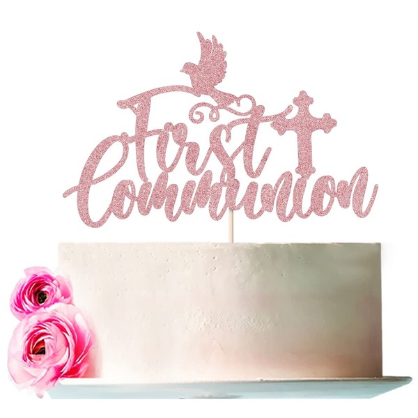 Bejotaa Decoración para tarta de primera comunión con purpurina, decoración para tartas de primera comunión para niños, decoración para tarta de Dios bendiga (oro rosa)