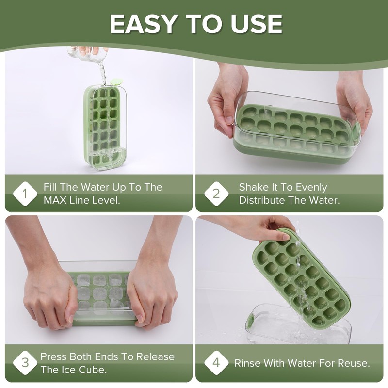 Ice Cube Tray with Lid and Bin 21 Pcs Quick-Fill