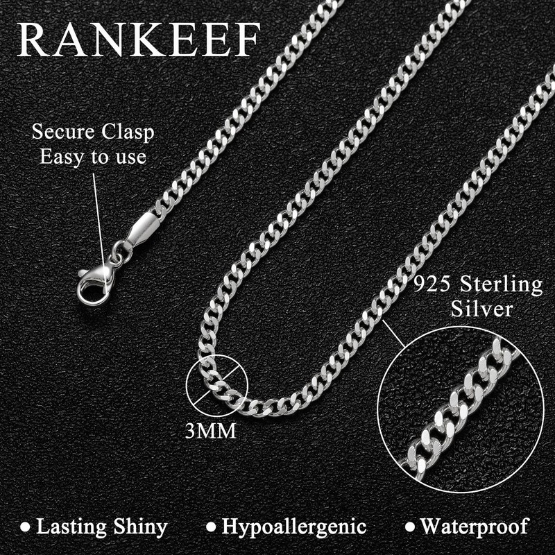 RANKEEF Mens Silver Chain 3mm Cuban Link Chain for Men