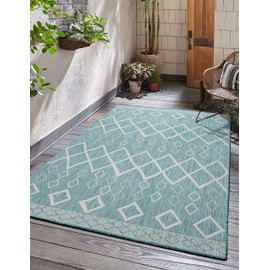 Adiva Rugs Outdoor Indoor Area Rug, Weather Resistant, Easy to Clean, Stain Resistant Floor Mat for Dining Room, Backyard, Deck, Patio (Aqua Weiss, 7'10" x 10')