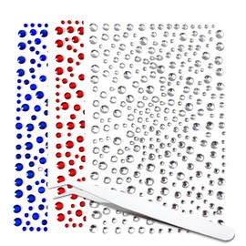 4th of July Face Gems with Tweezers Red White and Blue Tattoos Accessories Self-Adhesive Jewels Stickers for Women 4th of July Festival Party Face Glitter Rhinestone for Hair Eyes Makeup 3Pcs