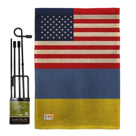 Nationality Ukraine US Friendship Burlap Garden Flag Set with Stand Regional Nation International World Country Particular Area Small Gift Yard House Banner Double-Sided Made in USA 13 X 18.5