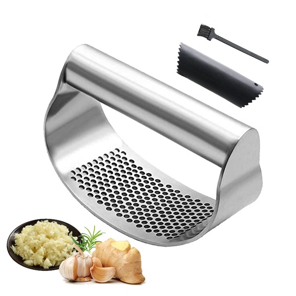 Garlic Press Rocker, Stainless Steel Garlic Mincer with Peeler Set,