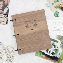 Our Life as Mr & Mrs Photo Album - Couples Memory Book - Engraved Wedding Gifts - Wooden Anniversary for Him Her - Couples Book to Fill Out Together (Walnut, 50 pages)…