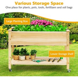 GRAFFY Raised Garden Bed with Lockable Wheels, Mobile Elevated Wood Planter Box w/Shelf, Wood Planter Box with Legs, Liner, Drain Holes, Outdoor Planting Bed, Planting Container for Patio Backyard