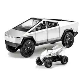 FUWEN 1/24 Camiones de Juguete Cybertruck, Camiones de Juguete para Niños con Motocicleta, Camione de Juguete de Metal Fundido a Troquel con Luz y Sonido, Retroceso, Regalo Ideal (Plata)