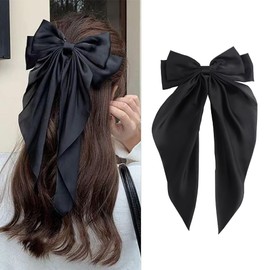 Silky Satin Bow for Hair, Oversized Long-tail Cute Aesthetic Hair, Large Black Bow Hair Barrettes for Women Girl,Hair Bows with Long Tail French Hair Accessories for Women Girl (1Pcs)