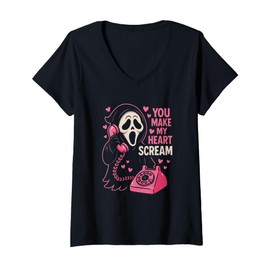 Womens Cute Creepy Horror Make My Heart Scream Valentine’s Day V-Neck T-Shirt